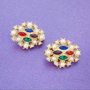 Mughal Style Statement Earrings With Jewel Tone Crystals and Faux Pearls